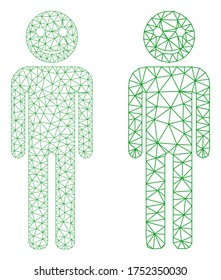 Mesh vector happy person icon. Mesh wireframe happy person image in low poly style with combined triangles, dots and lines. Mesh concept of triangulated happy person, on a white background.