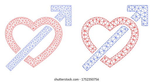 Icono de flecha de penetración cardíaca vectorial de malla. Imagen de flecha de penetración cardiaca de canal poligonal en estilo bajo con triángulos estructurados, nodos y líneas.