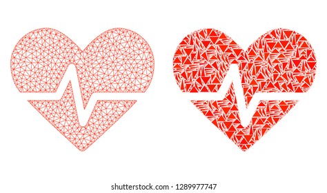 Mesh vector heart pulse with flat mosaic icon isolated on a white background. Abstract lines, triangles, and points forms heart pulse icons. Wire carcass flat triangular linear mesh in vector format,