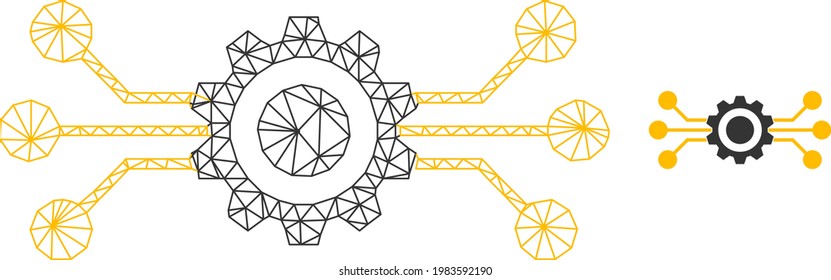 Mesh vector hitech gear image with flat icon isolated on a white background. Wire carcass 2D triangular linear mesh for hitech gear icon. Lines and points forms hitech gear icon.