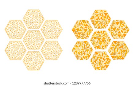 Mesh vector honeycombs with flat mosaic icon isolated on a white background. Abstract lines, triangles, and points forms honeycombs icons. Wire frame flat triangular line mesh in vector format,