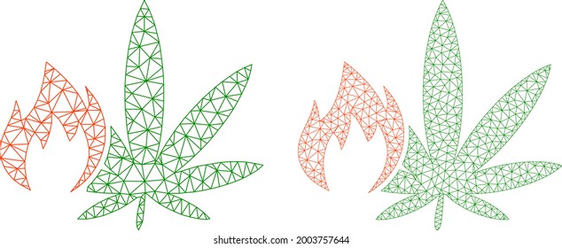 Mesh vector hot cannabis icons. Mesh wireframe hot cannabis images in low poly style with organized triangles, dots and lines. Mesh concept of triangulated hot cannabis, on a white background.