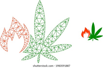 Mesh vector hot cannabis image with flat icon isolated on a white background. Wire carcass flat triangular line mesh for hot cannabis icon. Lines and points forms hot cannabis icon.