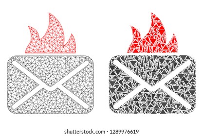 Mesh vector hot mail with flat mosaic icon isolated on a white background. Abstract lines, triangles, and points forms hot mail icons. Wire frame flat polygonal line mesh in vector format,