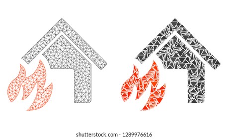 Mesh vector house fire disaster with flat mosaic icon isolated on a white background. Abstract lines, triangles, and points forms house fire disaster icons.