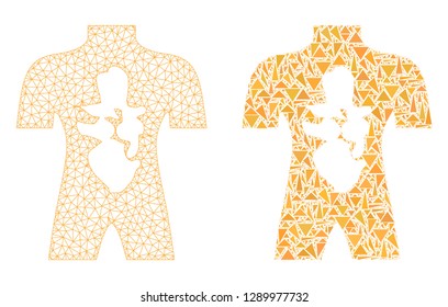 Mesh vector human anatomy with flat mosaic icon isolated on a white background. Abstract lines, triangles, and points forms human anatomy icons. Wire frame 2D triangular linear mesh in vector format,