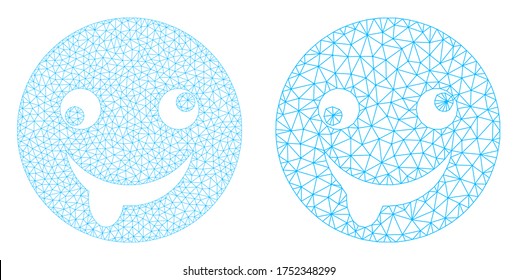 Mesh vector idiot smiley icon. Mesh carcass idiot smiley image in lowpoly style with combined triangles, nodes and lines. Mesh concept of triangulated idiot smiley, on a white background.