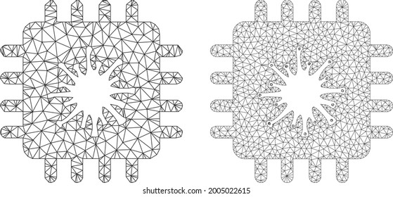 Mesh vector infected chip icons. Mesh carcass infected chip images in low poly style with structured triangles, dots and lines. Mesh concept of triangulated infected chip, on a white background.