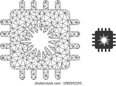 Mesh vector infected chip image with flat icon isolated on a white background. Wire frame flat triangular linear mesh for infected chip icon. Lines and points forms infected chip symbol.
