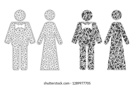 Mesh vector just married persons with flat mosaic icon isolated on a white background. Abstract lines, triangles, and points forms just married persons icons.
