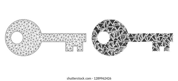 Mesh vector key with flat mosaic icon isolated on a white background. Abstract lines, triangles, and points forms key icons. Wire carcass flat triangular line network in vector format,