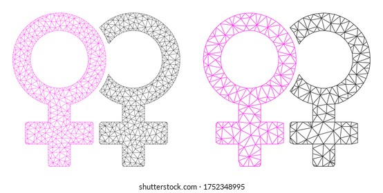 Mesh vector lesbian couple symbol icon. Mesh wireframe lesbian couple symbol image in low poly style with connected triangles, nodes and linear items. Mesh model of triangulated lesbian couple symbol,