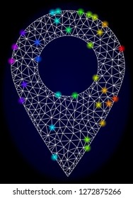 Mesh vector local place with glare effect. Light spots have bright spectrum colors. Abstract lines, triangles, light spots and points on a dark background with local place.