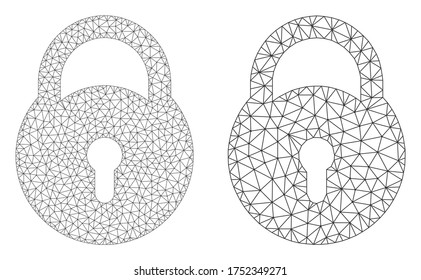 Mesh vector lock icon. Mesh wireframe lock image in low poly style with structured triangles, dots and linear items. Mesh concept of triangulated lock, on a white background.