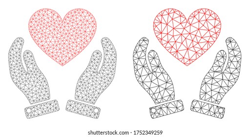 Icono de las manos de los cuidados cardíacos del vector de malla. Mesh wireframe el amor las manos del cuidado del corazón imagen en estilo bajo con triángulos combinados, puntos y elementos lineales.