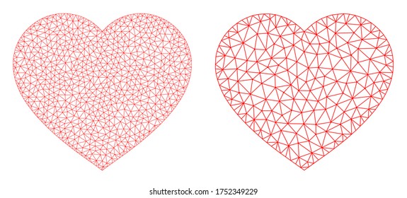 Mesh vector love heart icon. Mesh carcass love heart image in lowpoly style with connected triangles, points and lines. Mesh illustration of triangulated love heart, on a white background.