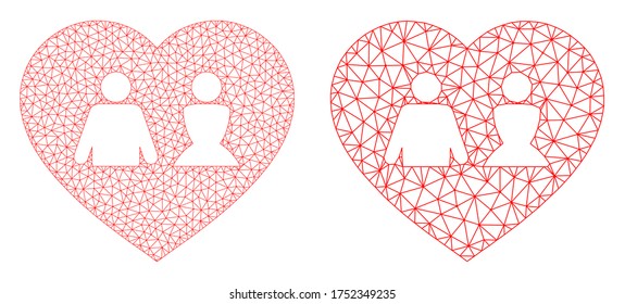 Mesh vector love heart icon. Mesh carcass love heart image in low poly style with structured triangles, nodes and linear items. Mesh illustration of triangulated love heart, on a white background.