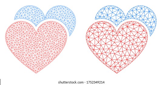 Mesh vector love hearts icon. Mesh carcass love hearts image in lowpoly style with connected triangles, dots and linear items. Mesh concept of triangulated love hearts, on a white background.
