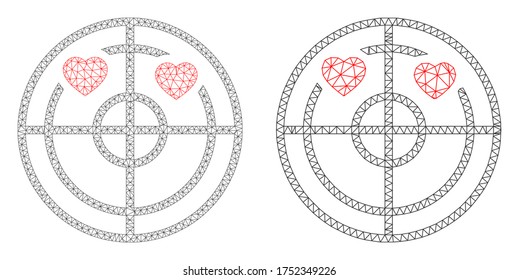 Icono del radar de corazones de los vectores de malla. Las canales de malla adoran la imagen de radar de corazones en estilo bajo con triángulos combinados, puntos y elementos lineales. Modelo de malla de radar de corazones de amor triangulados,