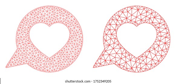 Icono de mensaje de amor de vector de malla. Mesh wireframe imagen de mensaje de amor en un estilo de polos bajo con triángulos estructurados, nodos y elementos lineales. Concepto de malla de mensaje de amor triangulado, en un fondo blanco.