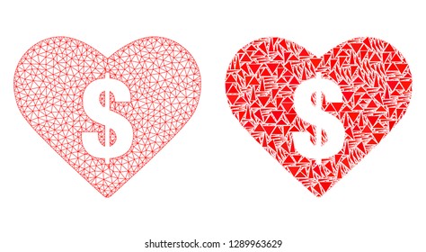 Mesh vector love price with flat mosaic icon isolated on a white background. Abstract lines, triangles, and points forms love price icons. Wire carcass flat triangular linear mesh in vector format,