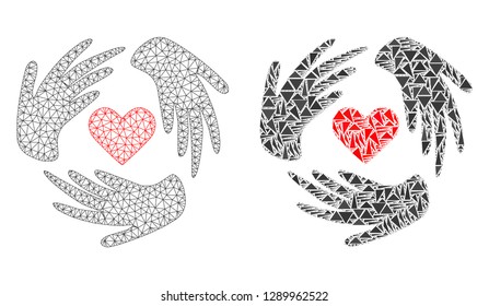 Mesh vector lovely craft hands with flat mosaic icon isolated on a white background. Abstract lines, triangles, and points forms lovely craft hands icons.