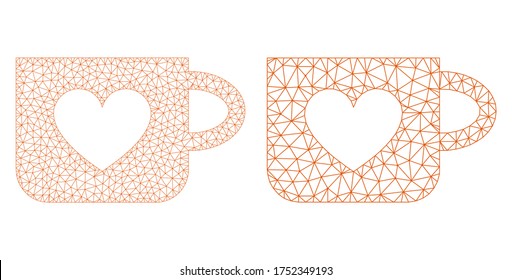 Mesh vector lovely cup icon. Mesh carcass lovely cup image in lowpoly style with connected triangles, points and linear items. Mesh concept of triangulated lovely cup, on a white background.