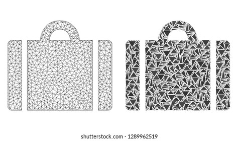 Mesh vector luggage with flat mosaic icon isolated on a white background. Abstract lines, triangles, and points forms luggage icons. Wire carcass flat polygonal line network in vector format,