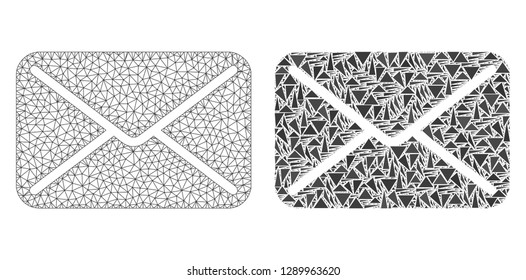 Mesh vector mail with flat mosaic icon isolated on a white background. Abstract lines, triangles, and points forms mail icons. Wire carcass flat triangular linear mesh in vector format,