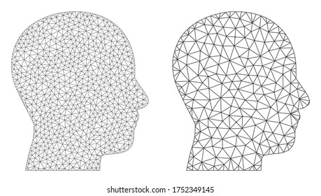 Mesh vector man profile icon. Mesh wireframe man profile image in lowpoly style with structured triangles, dots and lines. Mesh composition of triangulated man profile, on a white background.
