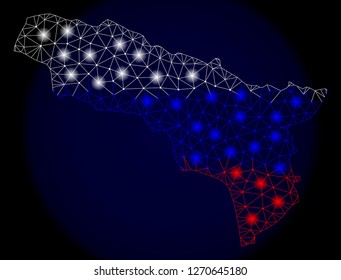 Mesh vector map of Abkhazia with glare effect in Russian official flag colors. Abstract lines, triangles, light spots and points on dark background with map of Abkhazia.