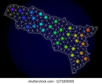 Mesh vector map of Abkhazia with glare effect. Light spots have bright spectrum colors. Abstract lines, triangles, light spots and points on a dark background with map of Abkhazia.