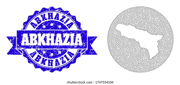 Mesh vector map of Abkhazia with scratched stamp. Triangular network map of Abkhazia is subtracted from a circle. Blue rosette scratched seal stamp has ribbon.
