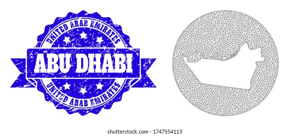 Mesh Vektorkarte von Abu Dhabi Emirat mit Grunge-Siegel. Dreieckige Maschenkarte des Abu Dhabi Emirates ist ein Loch in einem Kreis. Blauer, rund strukturierter Robbenstempel mit Band.