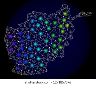 Mesh vector map of Afghanistan with glare effect. Light spots have bright spectrum colors. Abstract lines, triangles, light spots and points on a dark background with map of Afghanistan.