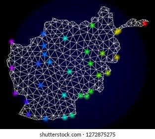 Mesh vector map of Afghanistan with glare effect. Light spots have bright spectrum colors. Abstract lines, triangles, light spots and points on a dark background with map of Afghanistan.