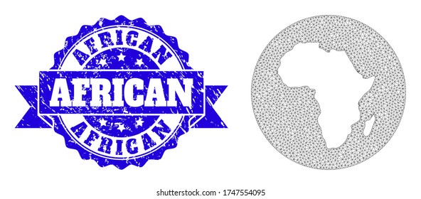 Mesh vector map of Africa with scratched stamp. Triangle mesh map of Africa is stencils in a round shape. Blue rosette scratched watermark with ribbon.