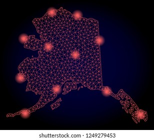 Mesh vector map of Alaska State with glare effect. Red abstract lines, light spots and points on a dark background with map of Alaska State.