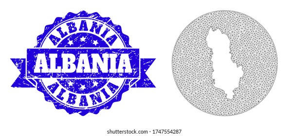 Mesh vector map of Albania with scratched seal stamp. Triangle mesh map of Albania is subtracted from a round shape. Blue round distress seal stamp has ribbon.