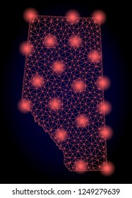 Mesh vector map of Alberta Province with glare effect. Red abstract lines, light spots and points on a dark background with map of Alberta Province.