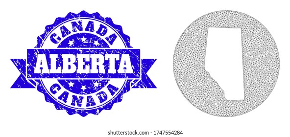 Mesh vector map of Alberta Province with scratched watermark. Triangular mesh map of Alberta Province is carved in a round shape. Blue round distress watermark has ribbon.