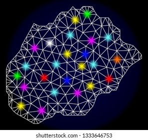 Mesh vector map of Alegranza Island with glare effect on a dark background. Abstract lines, triangles, light colorful spots and points forms map of Alegranza Island.