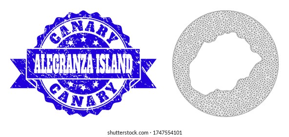 Mesh-Vektorkarte der Alegranza-Insel mit Grunge-Siegel. Die dreieckige Maschenkarte von Alegranza Island ist ein Loch in runder Form. Blaues rundes Wasserzeichen mit Band.