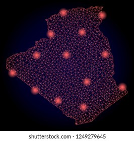 Mesh vector map of Algeria with glare effect. Red abstract lines, light spots and points on a dark background with map of Algeria.