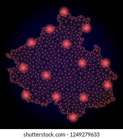 Mesh vector map of Altai Republic with glare effect. Red abstract lines, light spots and points on a dark background with map of Altai Republic.
