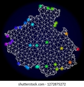 Mesh vector map of Altai Republic with glare effect. Light spots have bright spectrum colors. Abstract lines, triangles, light spots and points on a dark background with map of Altai Republic.