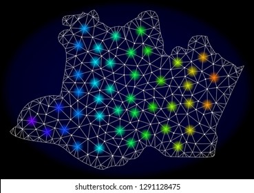 Mesh vector map of Amazonas State with glare effect on a dark background. Light spots have bright rainbow colors. Abstract lines, triangles, light spots and points forms map of Amazonas State.