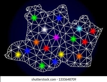 Mesh vector map of Amazonas State with glare effect on a dark background. Abstract lines, triangles, light colorful spots and points forms map of Amazonas State.