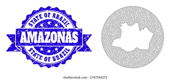 Mesh vector map of Amazonas State with grunge watermark. Triangle mesh map of Amazonas State is inverted in a circle. Blue rounded scratched watermark with ribbon.