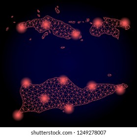 Mesh vector map of American Virgin Islands with glare effect. Red abstract lines, light spots and points on a dark background with map of American Virgin Islands.